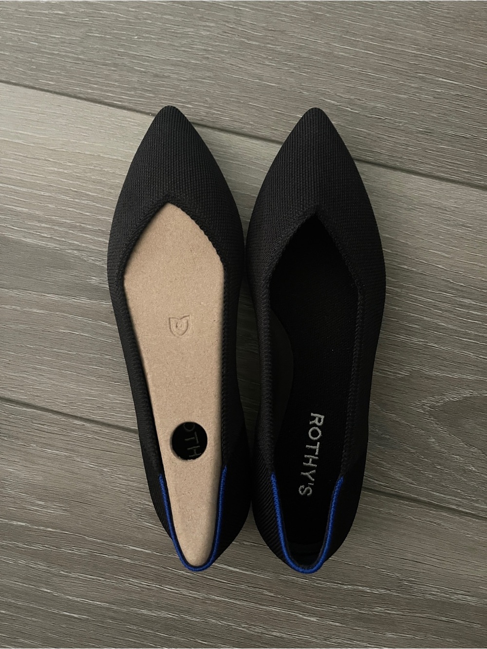 Rothy's Black Pointed Knit Flats with Blue Trim